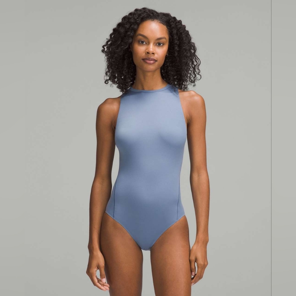Lululemon Wundermost Ultra-Soft Nulu High-Neck Sleeveless Bodysuit in Oasis Blue